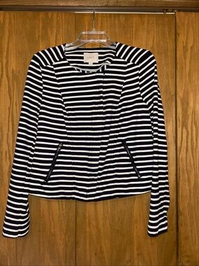 LOFT Navy and Cream Striped Zip Pocket Jacket with elastic waistband. Moto biker